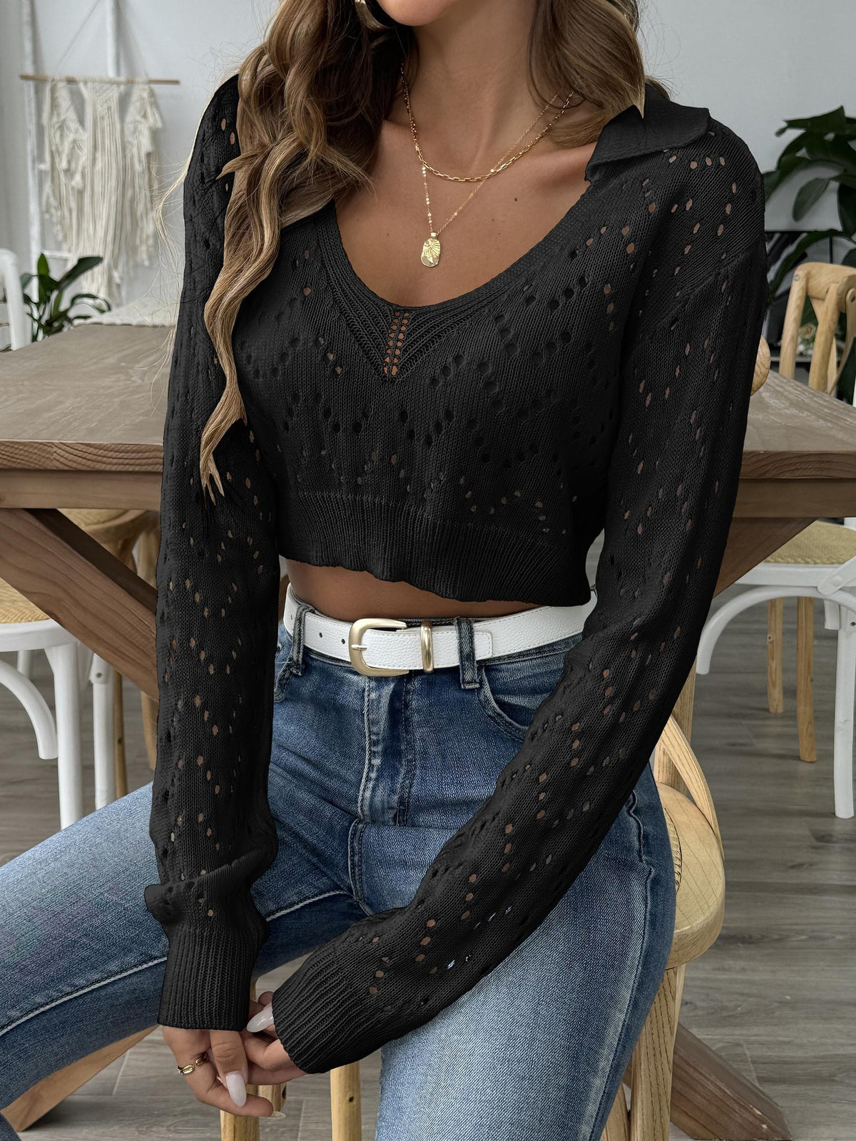 Women's Cropped Long-Sleeve Polo Neck Hollow-Out Pullover Sweater