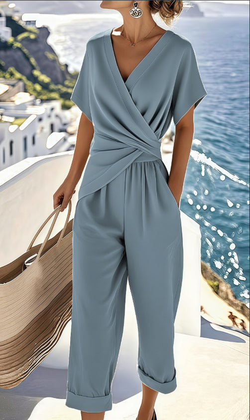 Fashionable Solid Color Irregular Short-Sleeve Set