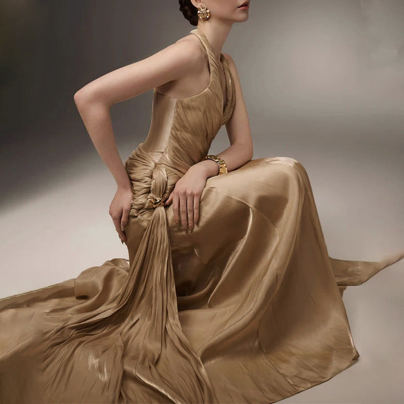 Fashionable Elegant Women's Dress Banquet & Resort Style, Ruched High Waist, Sleeveless Long Dress