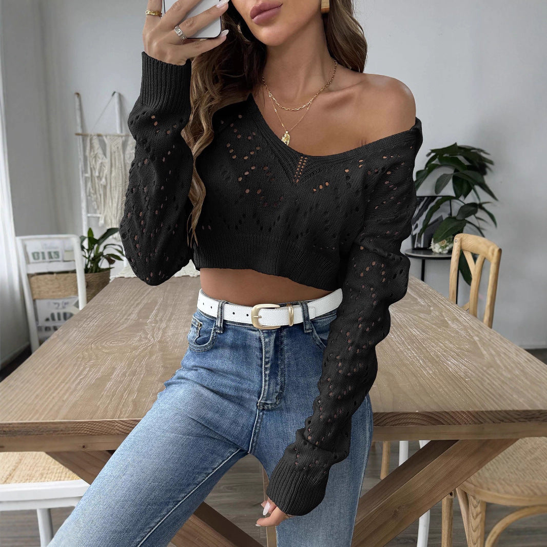 Women's Cropped Long-Sleeve Polo Neck Hollow-Out Pullover Sweater