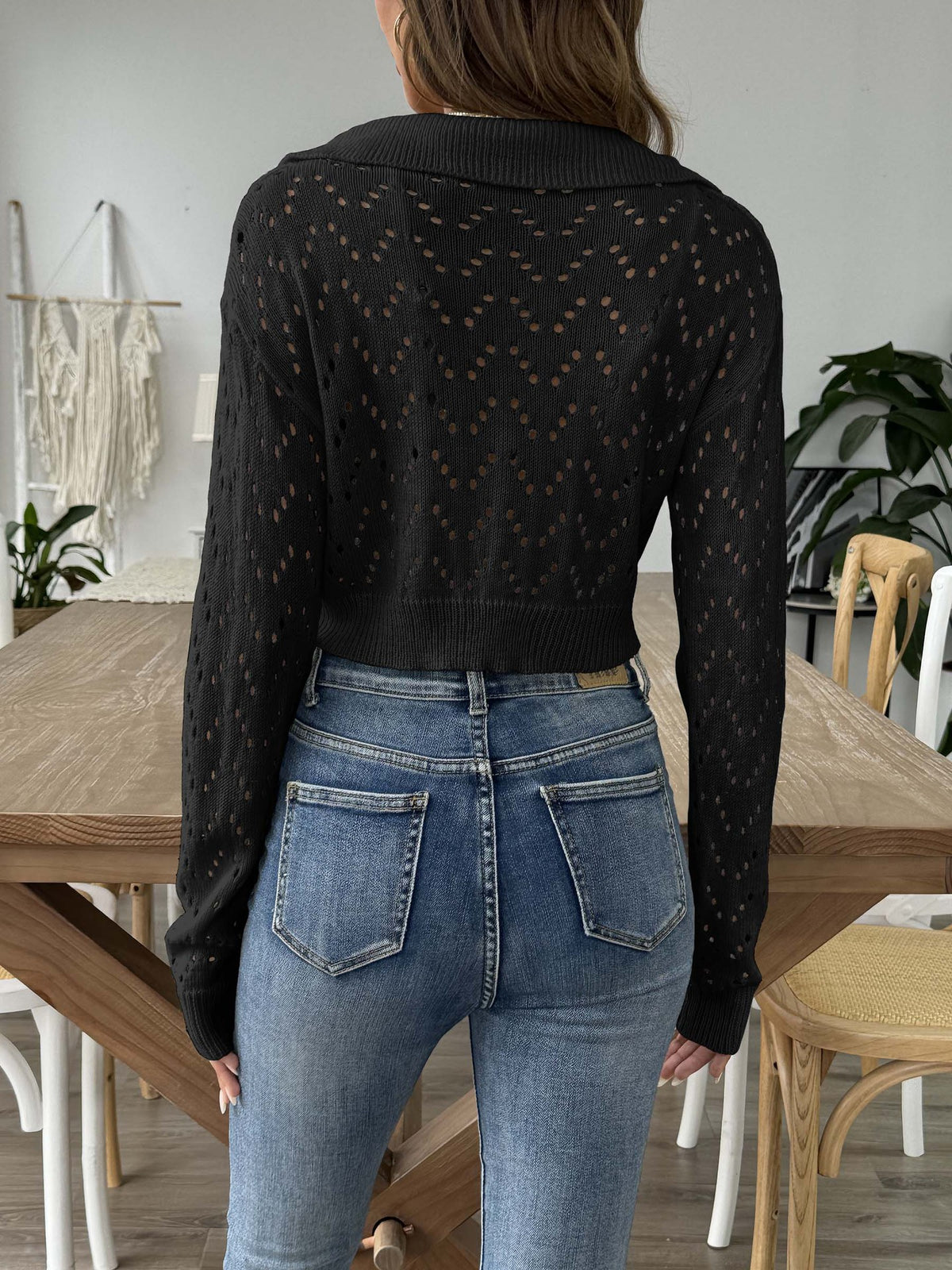 Women's Cropped Long-Sleeve Polo Neck Hollow-Out Pullover Sweater