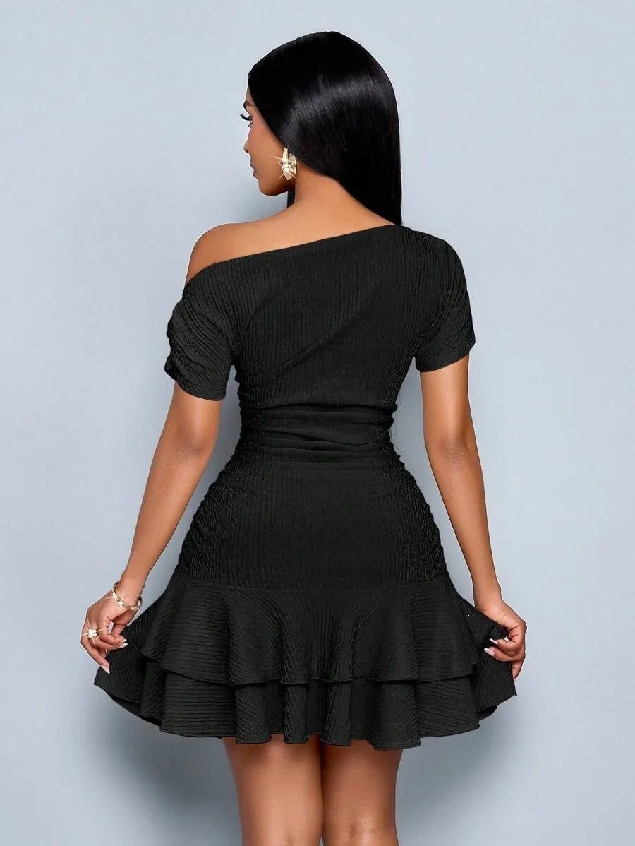 Women's Solid One-Shoulder Slim-Fit Ruffle Summer Dress-Black
