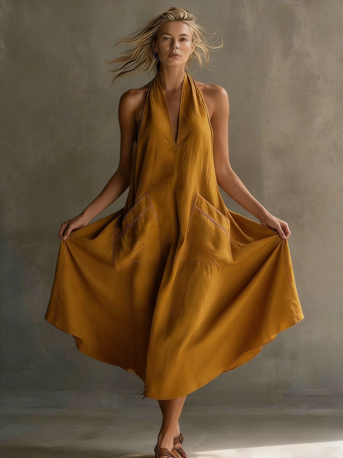 Summer sleeveless dress for women – European and American style halter neck V-neck backless fashion dress with pockets-Yellow