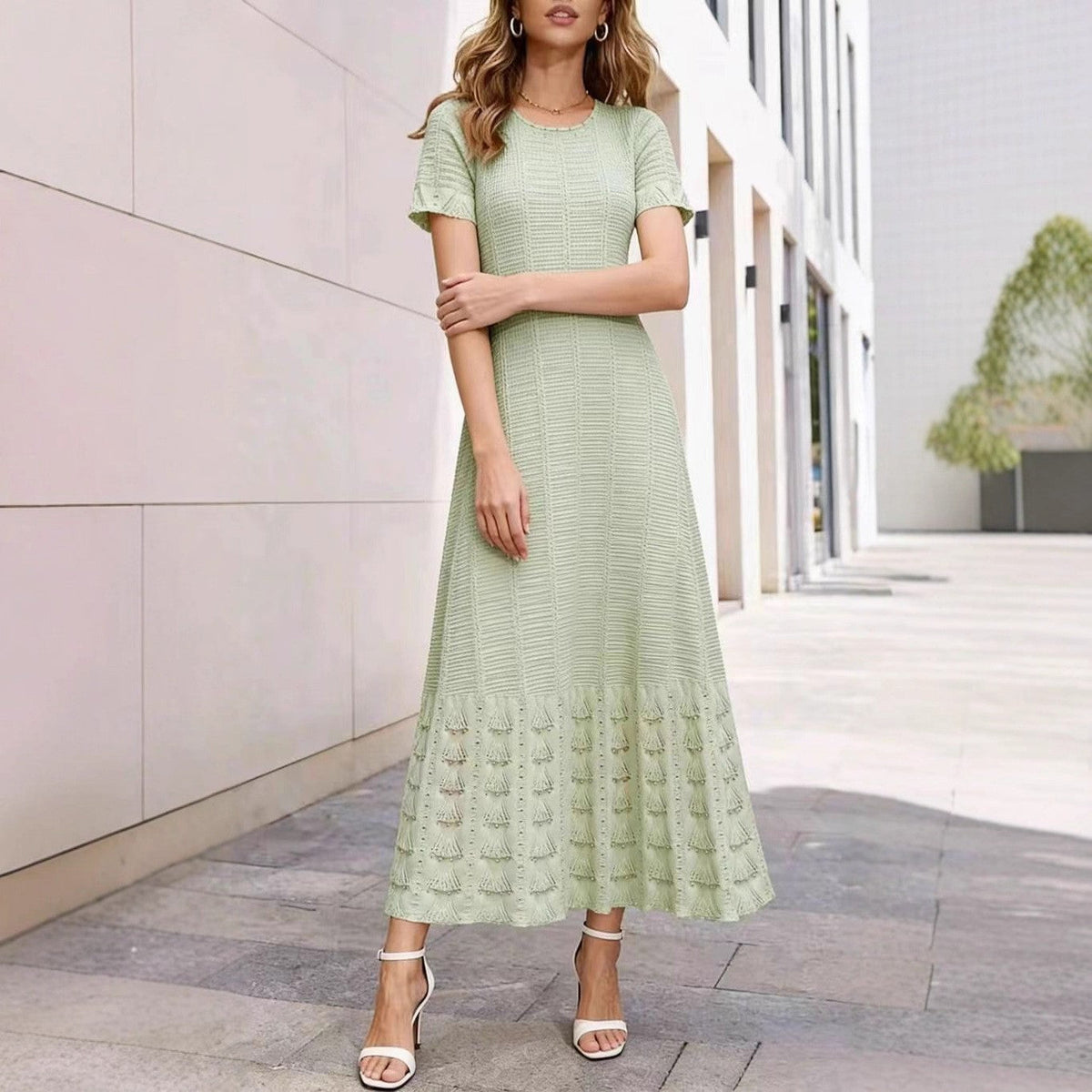 Cross-Border Round Neck Beaded Knit Dress Short Sleeve Hollow Out Waist-Cinching Slimming Long Dress