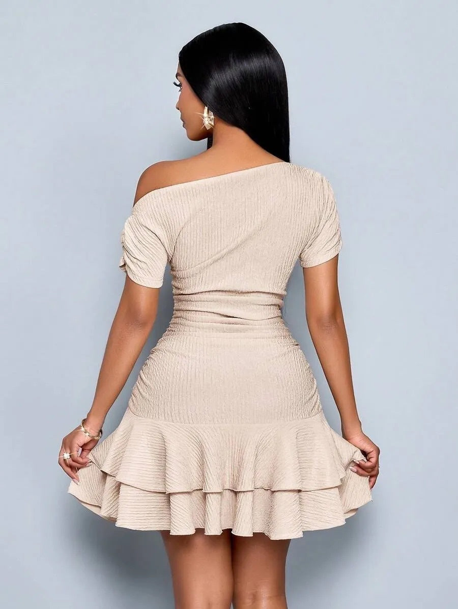 Women's Solid One-Shoulder Slim-Fit Ruffle Summer Dress-White