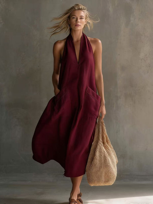 Summer sleeveless dress for women – European and American style halter neck V-neck backless fashion dress with pockets-Red